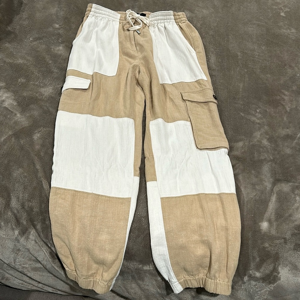 2 tone linen look cargo pants
